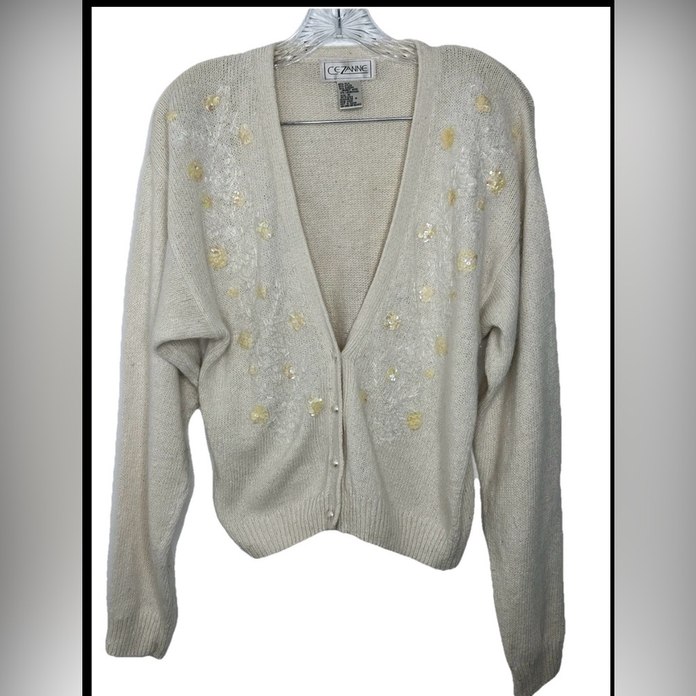Vintage Cezanne Beige Floral Embellished Silk Angora Cardigan Sz Medium Retro